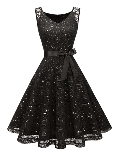 Dressystar Women's Sequin Lace Cocktail Prom Homecoming Dress Black XXL
