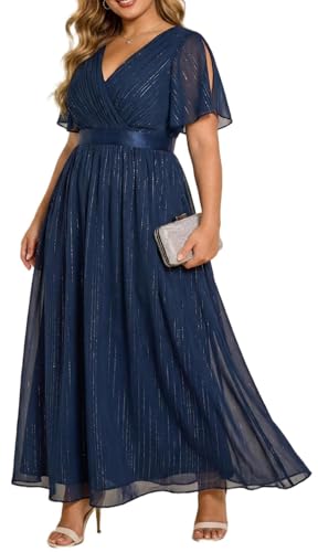 Plus Size Navy Blue Dresses Chiffon Bridesmaid Wedding Guest Cocktail | Chiffon fabric, V neck short sleeve design, plus size formal wedding guest party dress style