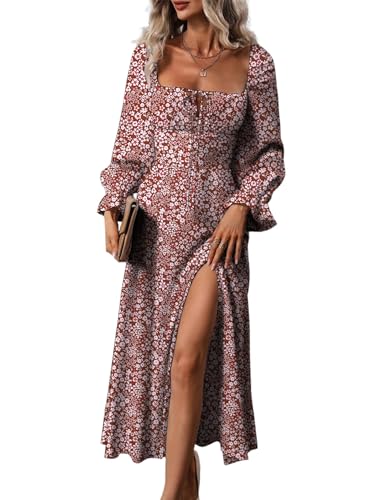 BLENCOT Women's Flowy Split Thigh A Line Maxi Dresses Boho Floral Print Long Sleeve Square Neck Dress Red L