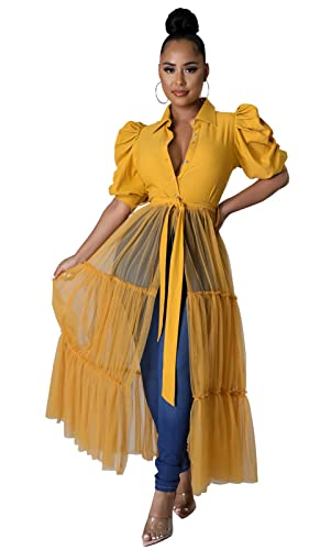 Ekaliy Women Sexy Short Sleeve Bodycon High Low Asymmetrical Ruffle Tunics Blouse Shirt Top Dress XL Yellow