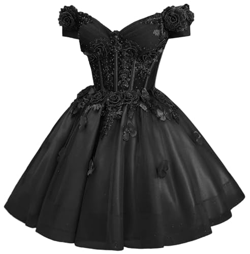 Mauuwy V-Neck Homecoming Dresses Off Shoulder Tulle DAMA Dresses with 3D Lace Appliques Sparkly Black Short Cocktail Dress