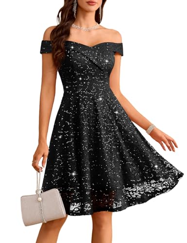 HomRain Plus Size Off Shoulder Black Sequin Lace Cocktail Dresses for Women Short Formal Elegant Wedding Guest Party Dress Sequin-Black 2XL