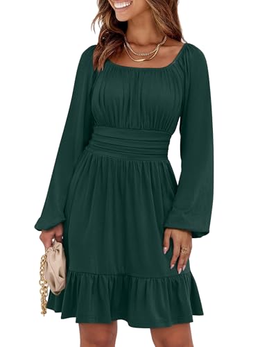 ANRABESS Women Long Lantern Sleeve Square Neck Fall Short Dress Deep Green
