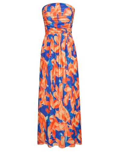 GRACE KARIN Women's 2024 Summer Bohemian Floral Printed Strapless Beach Party Long Maxi Dress Blue Orange