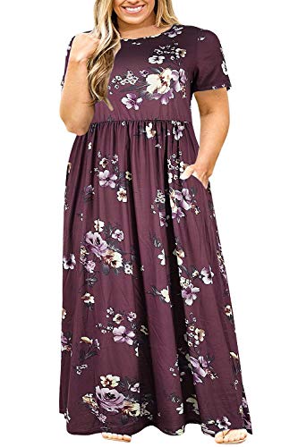 Nemidor Women Short Sleeve Loose Plain Casual Plus Size Long Maxi Dress with Pockets (22,Red Bean+Print)