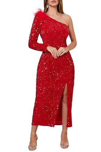VERWIN Women's Sequins Dress One Shoulder Bodycon Oblique Collar Maxi Dress Sparkly Spilt Wrap Cocktail Dress XXL Red