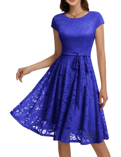 MUADRESS Floral Lace Cocktail Dress Cap Sleeve Bridesmaid Prom Royalblue S | fall wedding guest dresses for women,homecoming dresses for teens,formal cocktail dress,bridesmaid dress,floral lace