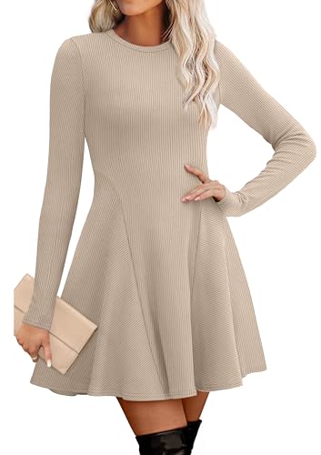 OFEEFAN A Line Fall Dresses for Women 2026 Long Sleeve Dress Quiet Luxury Clothes Fall Clothes Fit and Flare Maternity Tan Dress for Women Beige XL