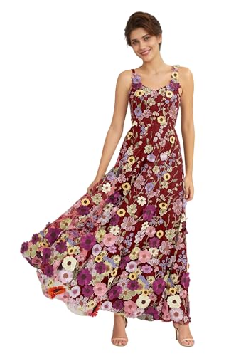 A-Line 3D Flower Applique Prom Dresses for Women 2026 Long Spaghetti Straps Floral Formal Evening Party Gown Sleeveless Burgundy 6