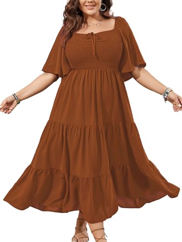 SCOMCHIC Women's Plus Size Flowy Boho Maxi Casual Dress Rust Red