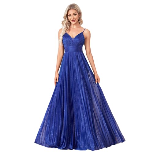 BluePlum Pleated A-Line Formal Dress for Women Wedding Guest, Royal Blue, S | A-Line Formal Dress for Women, Spaghetti Strap Wedding Guest Dress with Pleated Long Silhouette for Special Occasions