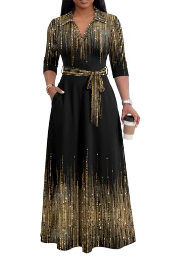 MarryUP Womens Maxi Dress with Pockets V Neck 3/4 Sleeve Long Church Dresses Semi Formal Outfits with Belt Black Gold L