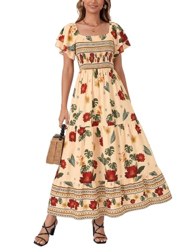LYANER Women's Square Neck Midi Dress Monstera Deliciosa Flower Medium