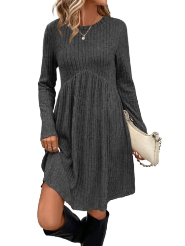 OFEEFAN Sweater Dress Fall Dresses Long Sleeve Dress with Pockets Casual Tunic Winter Dresses Grey M