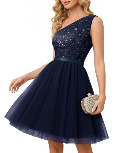 BeryLove Womens Formal Sequin One Shoulder Homecoming Dress Sparkly Short 80s Prom Cocktail Party Tulle Dresses for Teens 2025 Navy L