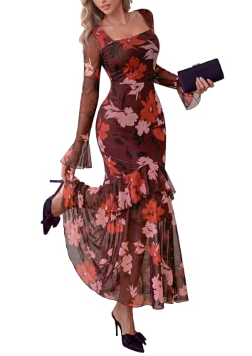 PRETTYGARDEN Womens Floral Long Sleeve Dress A Line Mesh Fall Maxi Dresses