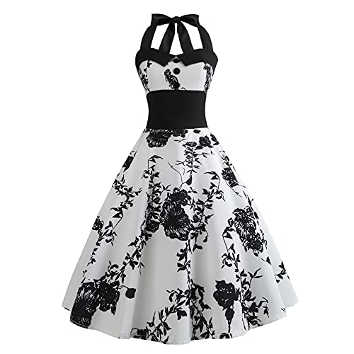 Women 50s 60s Vintage Floral Print Halter Neck Cocktail Swing Dress Buttons Backless Retro 1950s Rockabilly Audrey Hepburn Tea Party Prom Dress Boho Spring Short Wedding Evening Gown Black White XL