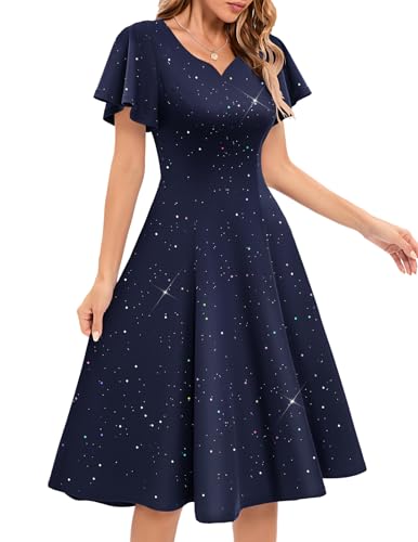 HomRain NavyBlue Fit and Flare Dress for Women Formal Wedding Guest Sparkly Midi Evening Gala Gown Dresses Modest Elegant Mother of the Bride Dress,Navy L