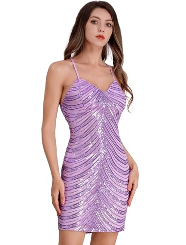 Sequin Dress for Women Short Prom Dresses for Teens Girls Dance HOCO Dress Sparkly Spaghetti Straps Bodycon Cocktail Party Dresses Backless Mini Homecoming Dresses Short Summer Purple S