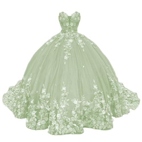 Zhangyo Light Sage Quinceanera Dresses with Train Lace Appliques Sweet 16