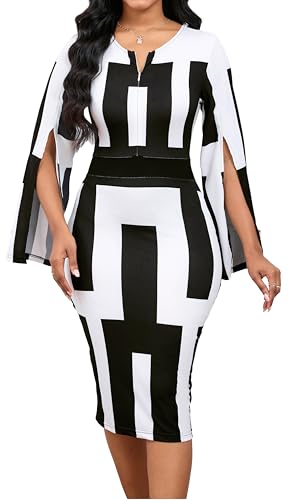 SxClub Dresses for Women Long Split Sleeve Black Printing Pencil Dress | Women's Sexy Church Dresses Bodycon Scoop Neck Knee Length Work Outfits with Split,XXL