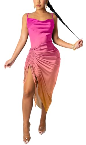 Satin Dress for Women Spaghetti Strap Backless Drawstring Ruched Split Hem Party Dresses for Women