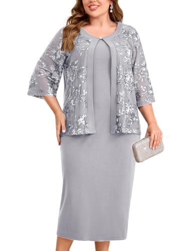 Sassique Plus Size 2 Piece Dressy Suit with Sequin Jacket Formal Mother of the Bride Dress Set Cocktail Party Outfits, Silver, 3X
