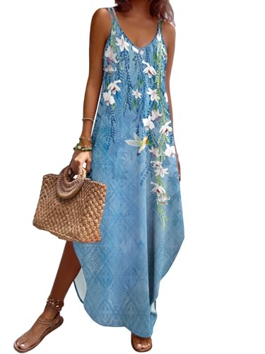 Zeagoo Summer Dresses for Women 2026 Vacation Sleeveless V-Neck Floral Maxi Dress Blue Floral M