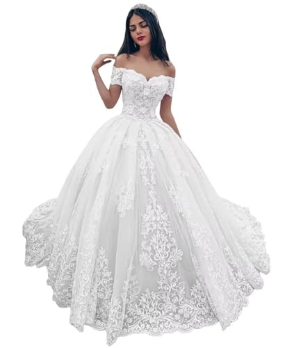 Youjiayi Luxury Off Shoulder Wedding Dresses with Train A-Line Ball Gown