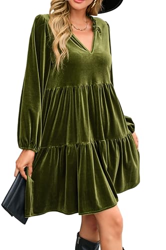 R.Vivimos Women's Velvet Loose Tunic Mini Dress Fall Winter, Army Green, S