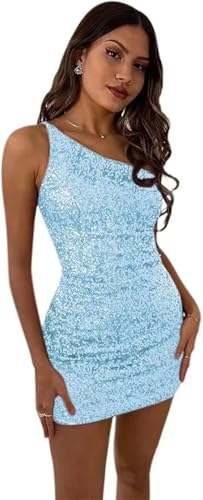 YWXYMGE Women's Bodycon Homecoming Dress for Juniors Sequin One Shoulder Backless Mini Cocktail Party Dress Light Blue-2