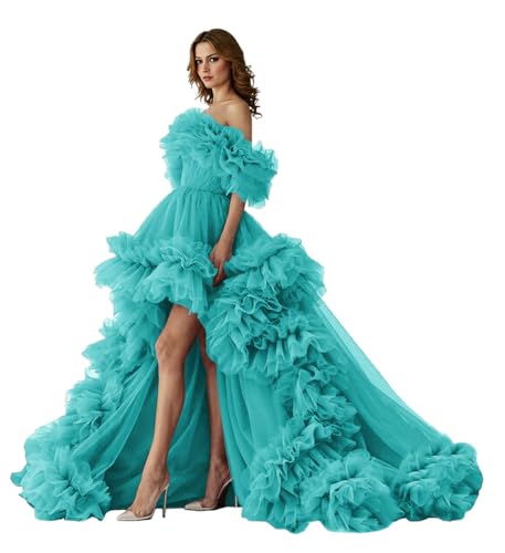 2026 Puffy Tulle Prom Dress with Fluffy Ruffles Women's Formal Ball Gowns with Train High Low Flying Dress with Tail for Photoshoot Turquoise