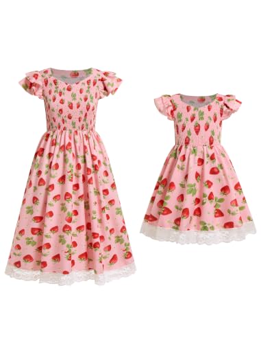 AWIBMK Mommy and Me Floral Dress Lace Hem Pink Strawberry 9-10 Years