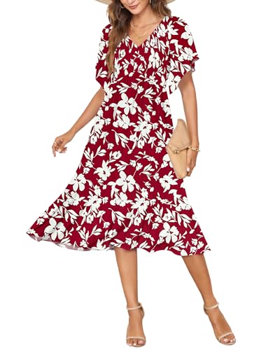 AUSELILY Women's Summer Empire Waist Dress Smocked Flutter Short Sleeve V Neck Midi Dresses 2026 New Red Flower White M