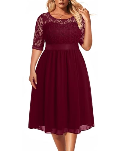 Pinup Fashion Plus Size Lace Chiffon Wedding Guest Dresses Women Cocktail Party Midi Dress Burgundy Size 16 Plus Half Sleeve