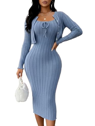 Women's Two-Piece Set: Bow Tie Neckline Dress with Matching Jacket, Casual Solid Color Outfit for Women, Work & Party Wear (US, Alpha, Large, Regular, Regular, Blue)