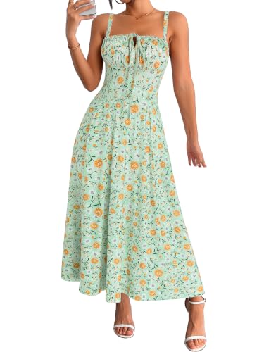 YATHON Green Floral Long Maxi Dress for Women Summer Vintage Boho Square Neck Casual Midi Easter Dresses (YT552-Green Floral 07,M)