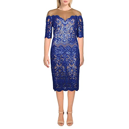 Tadashi Shoji Short Sleeve Sequin Dress with Illusion Neckline