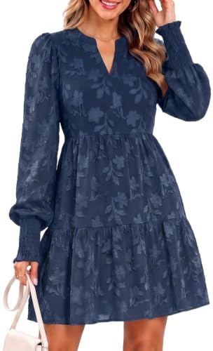 Talisea Womens V Neck Babydoll Long Sleeve Tunic Dress Navy Blue | V neck / textured floral / tiered babydoll / flowy tunic / long sleeve / fall summer casual dress