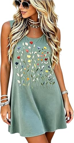 Sunflower Dress Women Boho Wildflowers Floral Sun Dress(X-Large,Green-5)