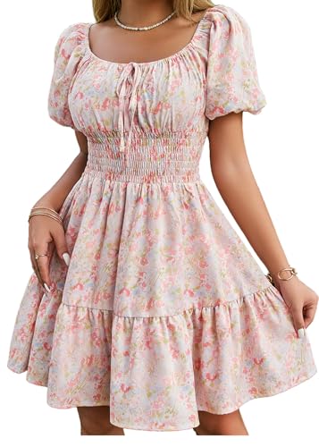 Floerns Women's Boho Square Neck Puff Short Sleeve Self Tie Front A Line Dress Floral Pink Small
