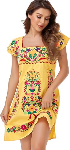 Womens Mexican Embroidered Dress Floral Short Sleeve Boho Mini Dress | Square Neck, Loose Shift Fit, Summer Beach Outfit, Fiesta Party Wear, Casual Sundress for Vacation