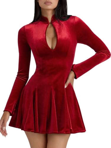 LAGSHIAN Women's Classy Velvet Long Sleeve Fit and Flare Mini Dress Red