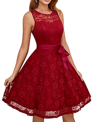 Dressystar Women's Floral Lace Short Bridesmaid Dress with Sheer Neckline Sleeveless Wedding Guest Formal Cocktail Dresses Dark Red XXL