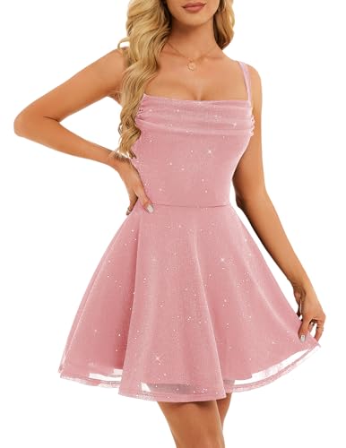 BeryLove Womens Sparkly Homecoming Cocktail Prom Teen Dress Short Pink L