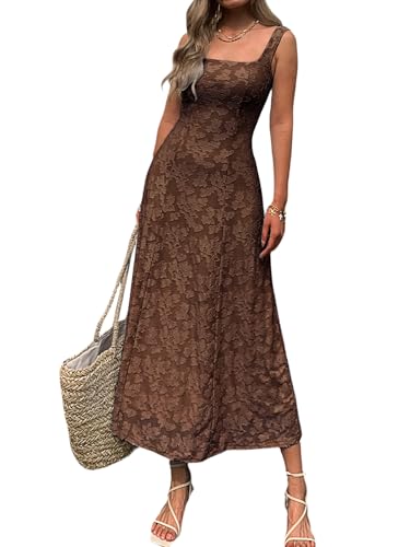 Mieazom Women’s Floral Maxi Dress Square Neck Sleeveless A Line Summer Dress Elegant Fitted Bodice Flowy Long Sundress Brown L