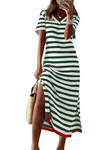 Dokotoo Women's Dresses Short Sleeve Striped Split Maxi Dress 2026 Green