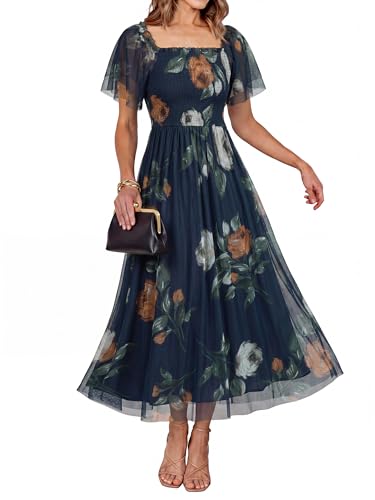 Simplee Womens Floral Maxi Dresses 2026 Summer Boho Wedding Guest Dress | Short Sleeve, Flowy, Smocked, Mesh, Square Neck, Tea Party, Casual, Modest, Bride, Rose Navy Blue M