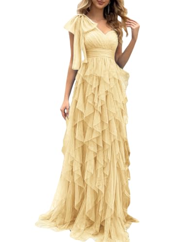 VOUIAO Women Tulle Prom Wedding Guest Bridesmaid Dress Formal Gown yellowM