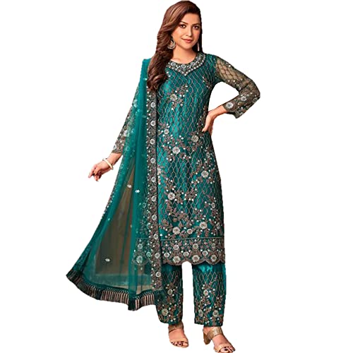 Designerharsha Eid Special Pakistani Designer Salwar Kameez Sharara Plazzo Suits Indian Trouser Pant Dress for Women (US, Numeric, 42, Regular, Regular, Teal Blue)